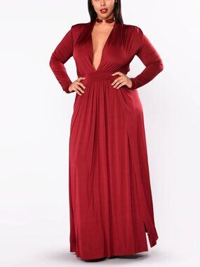 Spree Dress - Burgundy Wine Red Maxi Dress w Shoulder Pads & Thigh High Splits